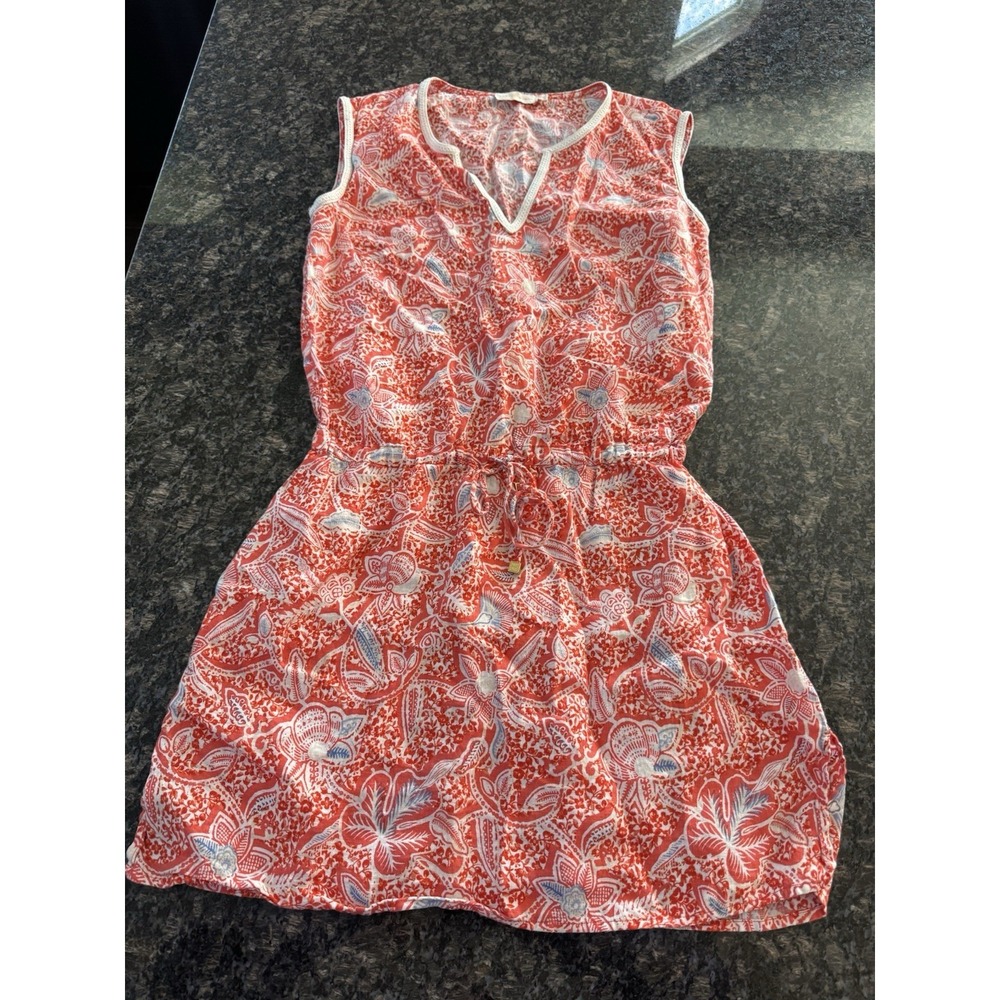 Tory Burch Linen Red Coral Floral Sleeveless Dress Size Medium